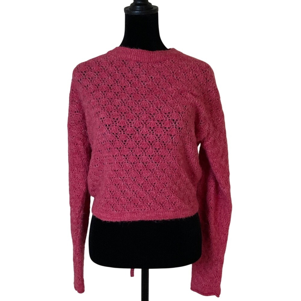 Zara Womens Pink Open Knit Sweater Size Small Tie Back Long Sleeve Cropped